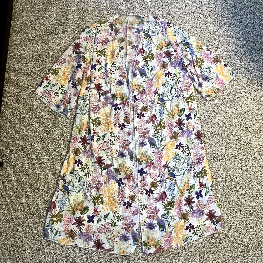 Shein Womens Floral Duster Kimono Plus Size 1X Sheer Cottage Core Boho Cover Up